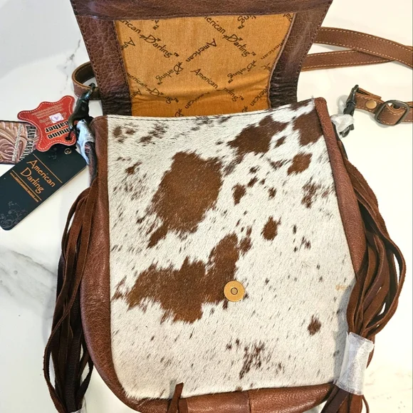 🪷 American Darling Genuine Leather & Cowhide Bag With Fringe NWT - Picture 4 of 8
